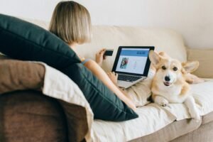 pexels-photo-8939517-8939517 A woman using a laptop for online shopping with her corgi dog beside her on the couch.